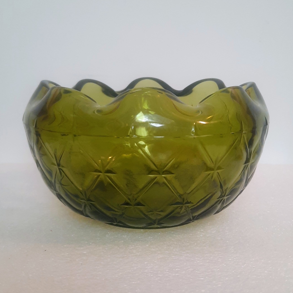 Vintage Ruffle Edge Green Glass Bowl